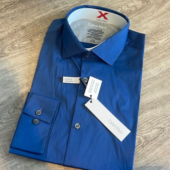 Calvin Klein Slim Stretch Dress Shirt-BLUE-15.5-34/35 Extreme Slim Fit - Picture 2 of 3